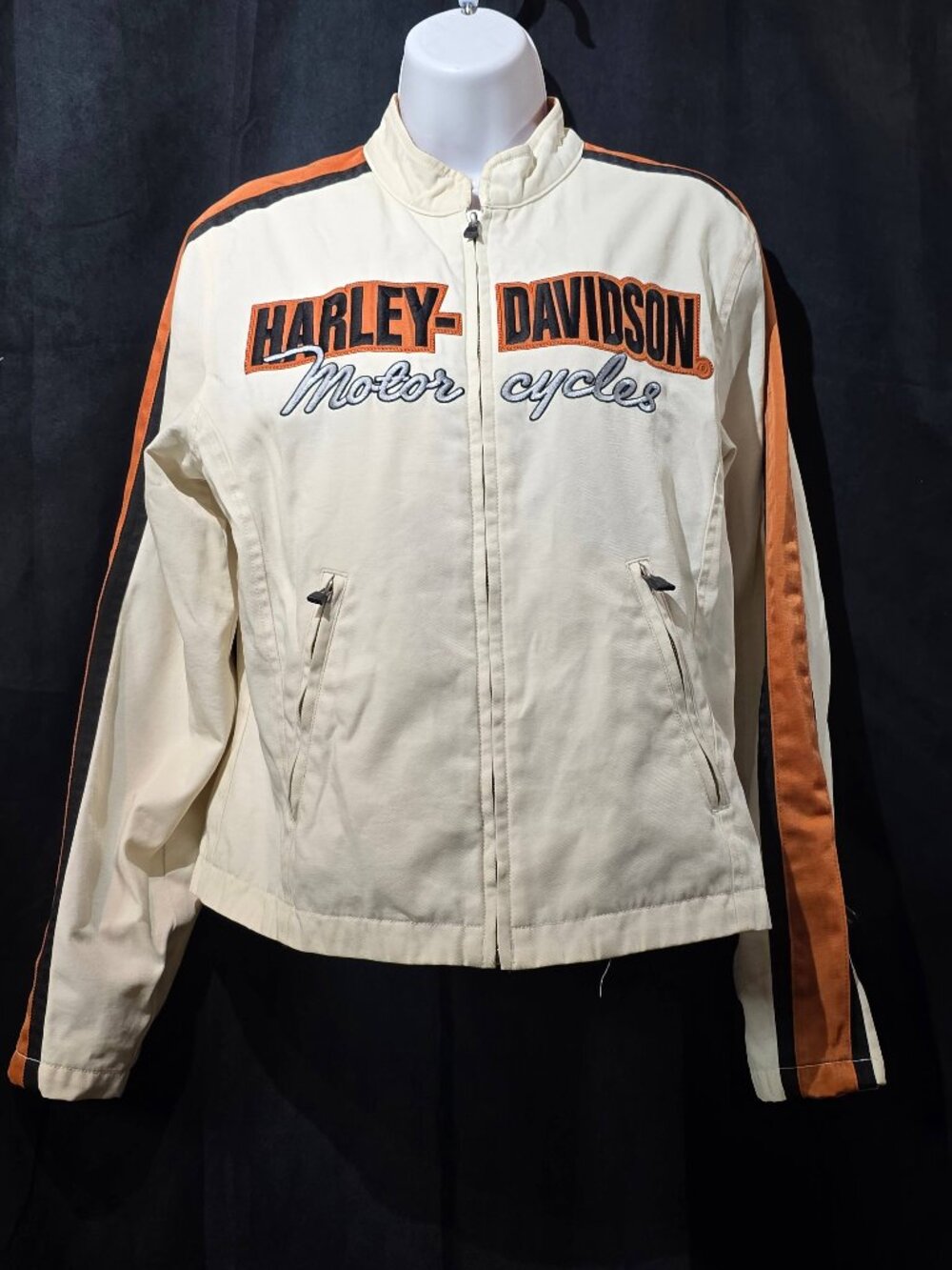 Harley-Davidson Cream Canvas Racing Jacket Orange Stripes Women Size M